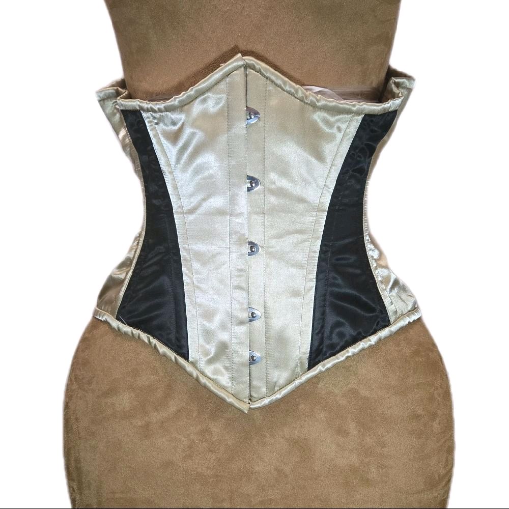 Beige Khaki Satin & Black Satin Waist Training Corset – 26-Inch Waist Goal, 12-Inch Length