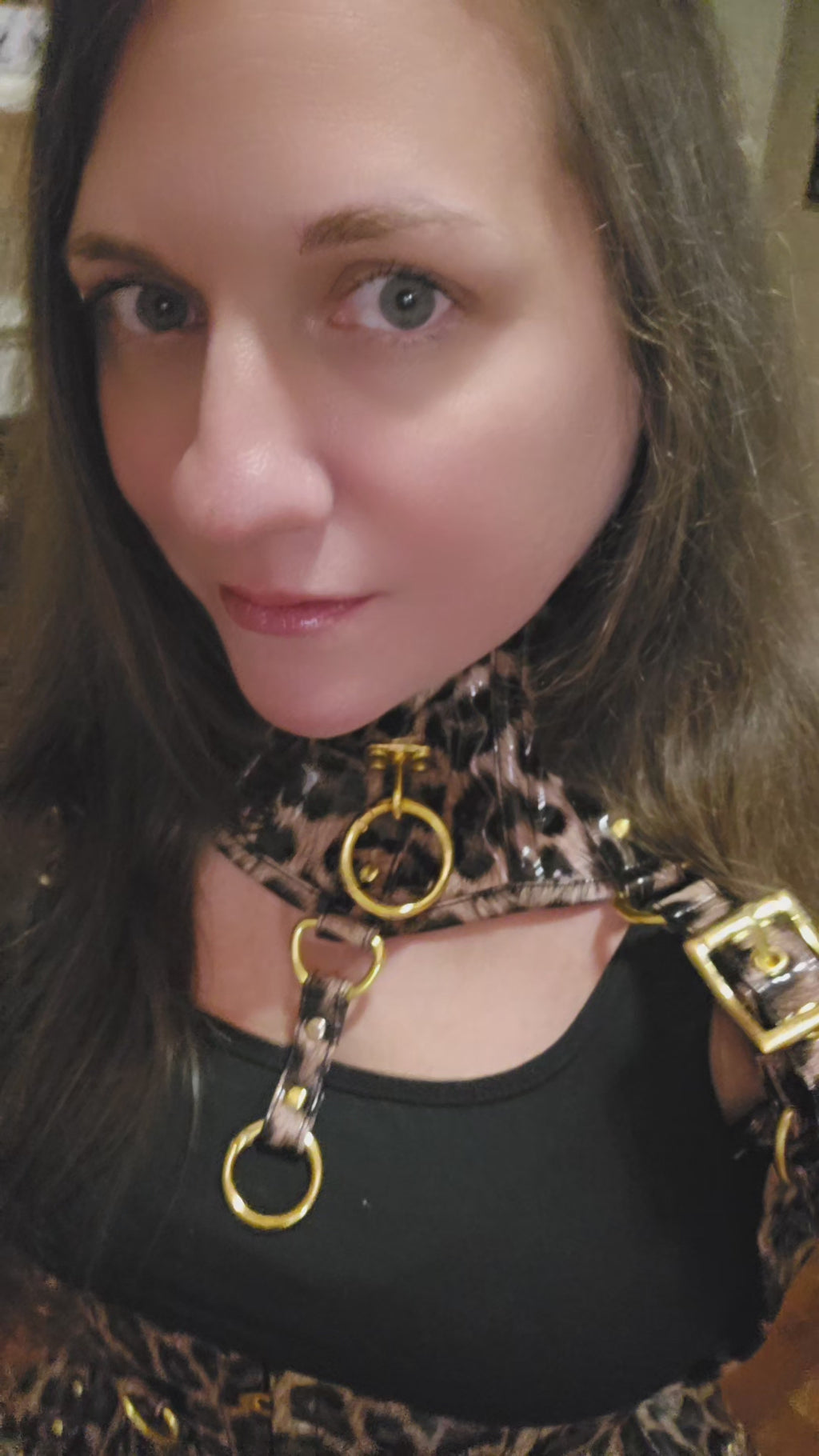 Luxury Leopard Print PVC Corset with Gold Hardware, Posture Collar & Garter Leg Straps