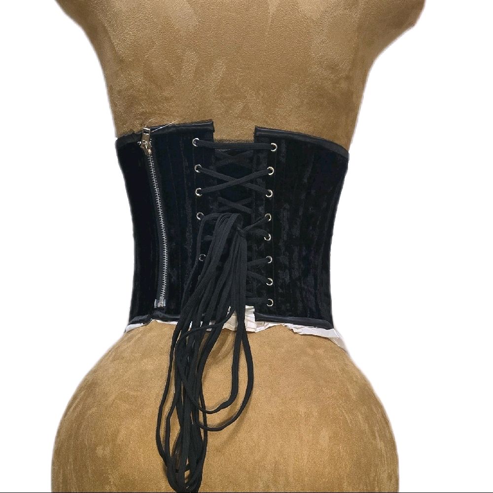 26-Inch Waist Goal | 15" Front Length | Side Zipper | Black Velvet & Satin | Victorian Full Image| Mermaid Print Corset