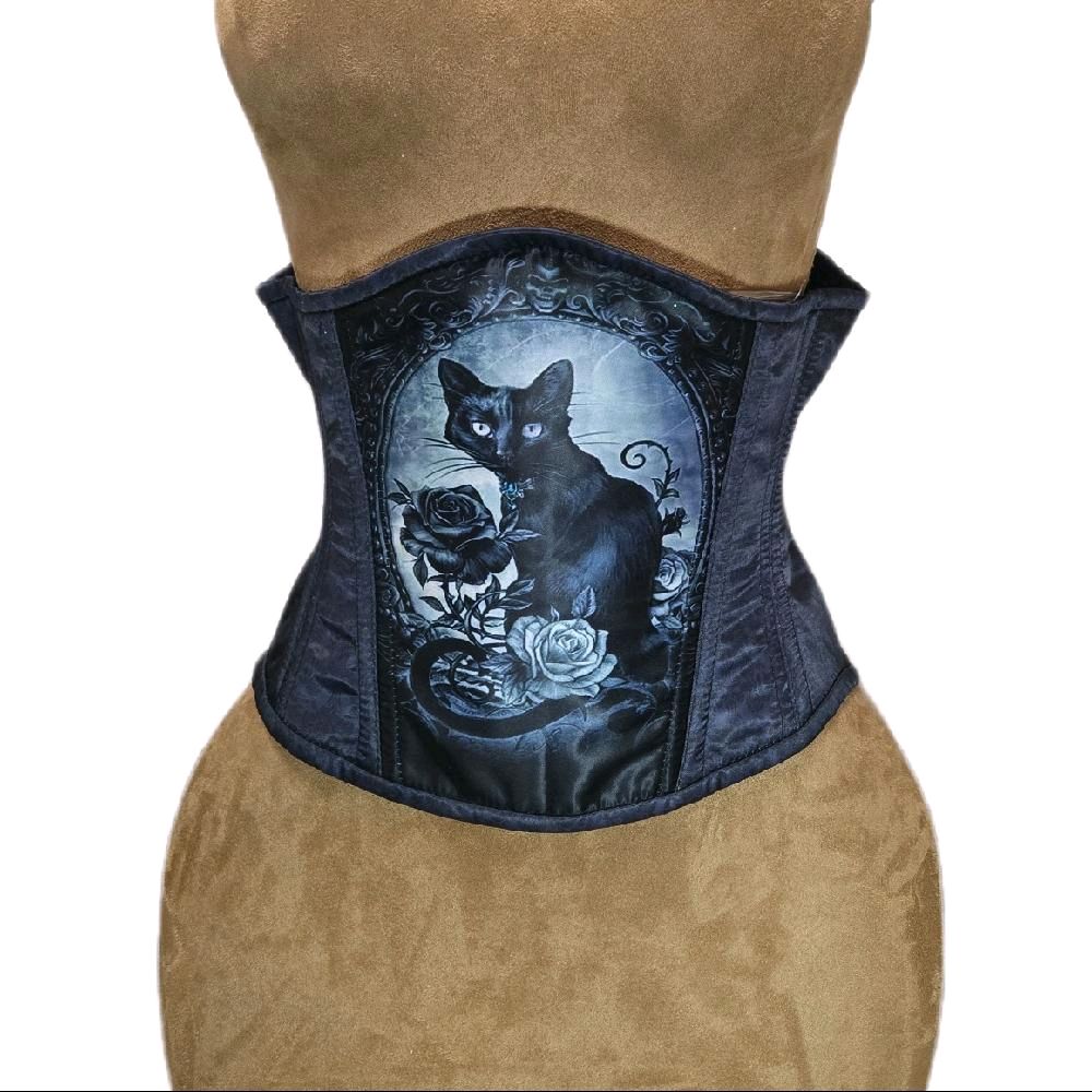 Gothic Black Kitty Cat & Dark Rose Vintage Corset – 26” Waist, 10” Length