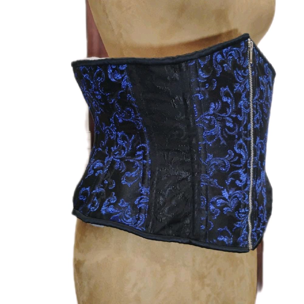 Blue & Black Brocade Steel-Boned Waist Training Corset – 38" Waist Goal | 13" Length | Zipper Front