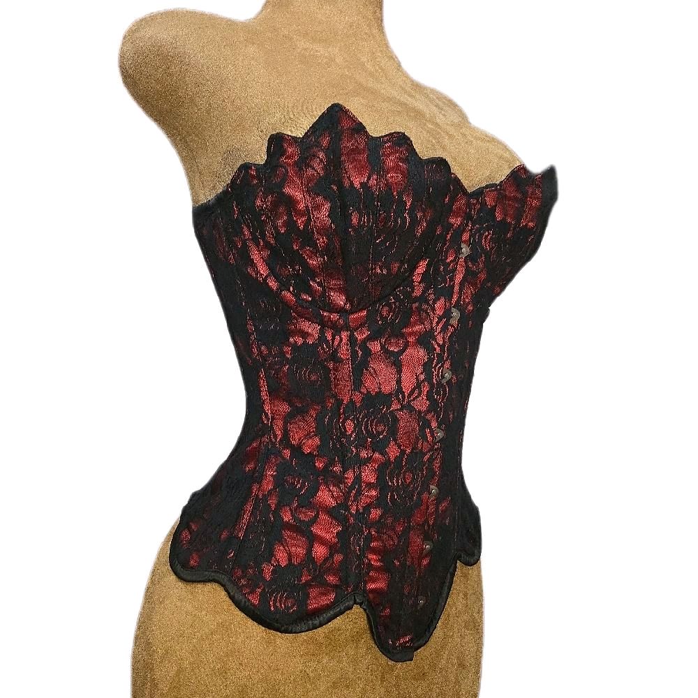 Red Satin Overbust Corset w/ Black Rose Mesh| 24" Waist Goal • 16" Length|Mermaid Collection