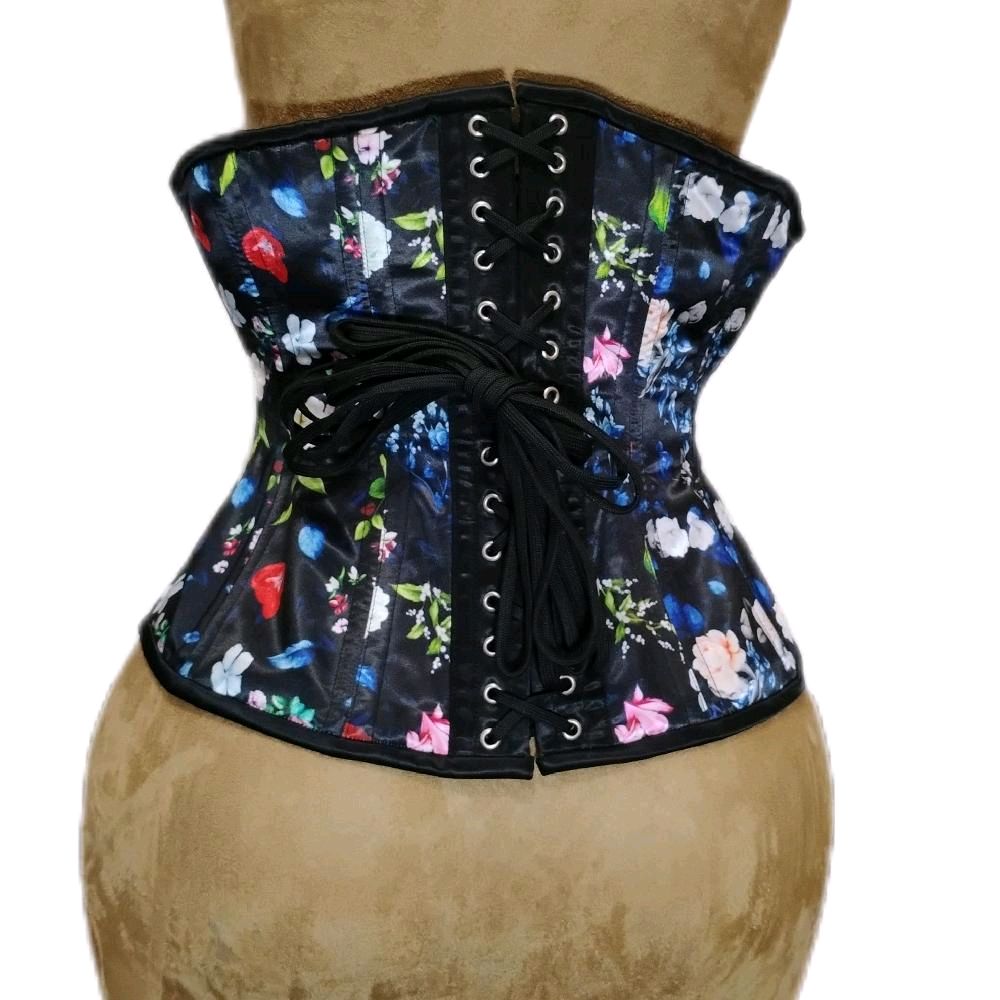 Black Floral Steel-Boned Waist Training Corset – 30” Waist Goal | 12” Length