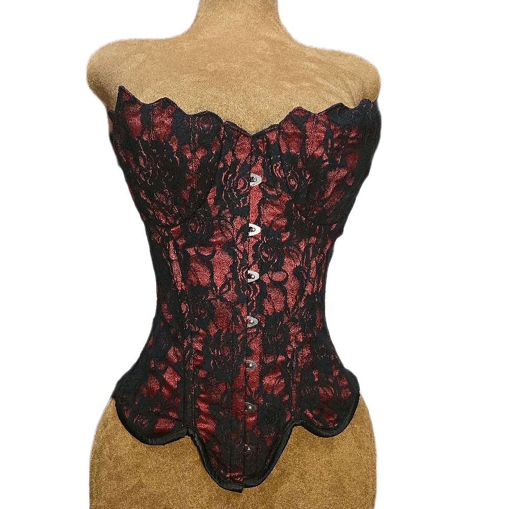 Red Satin Overbust Corset w/ Black Rose Mesh| 24" Waist Goal • 16" Length|Mermaid Collection