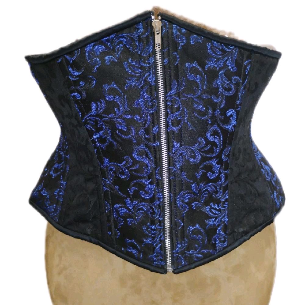 Blue & Black Brocade Steel-Boned Waist Training Corset – 38" Waist Goal | 13" Length | Zipper Front