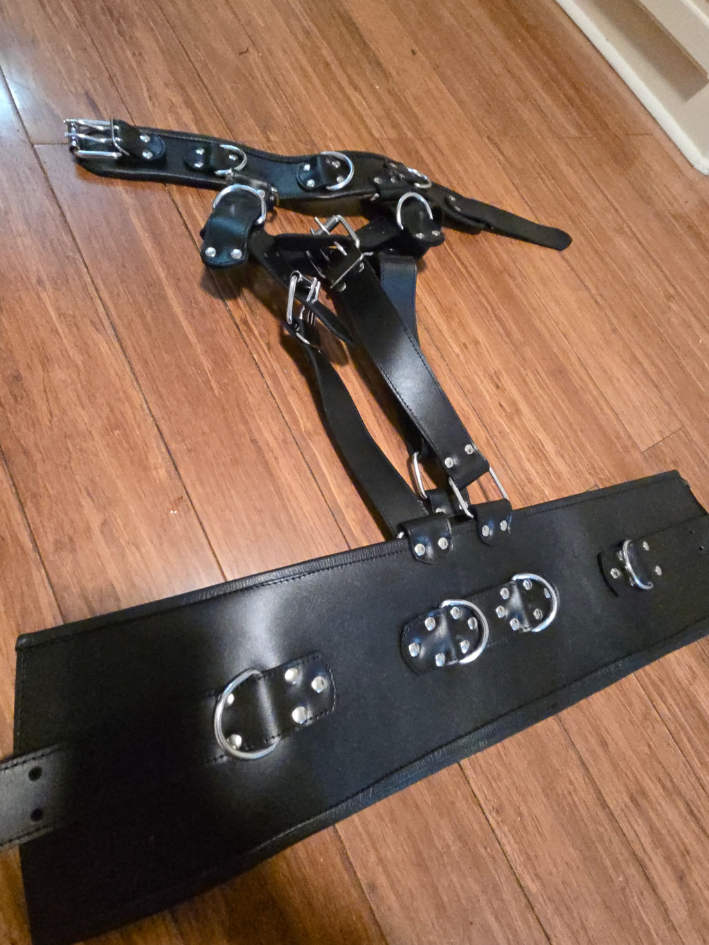 Genuine Leather Belted Harness with Attached Collar – D-Ring Design- plus size- ready to ship
