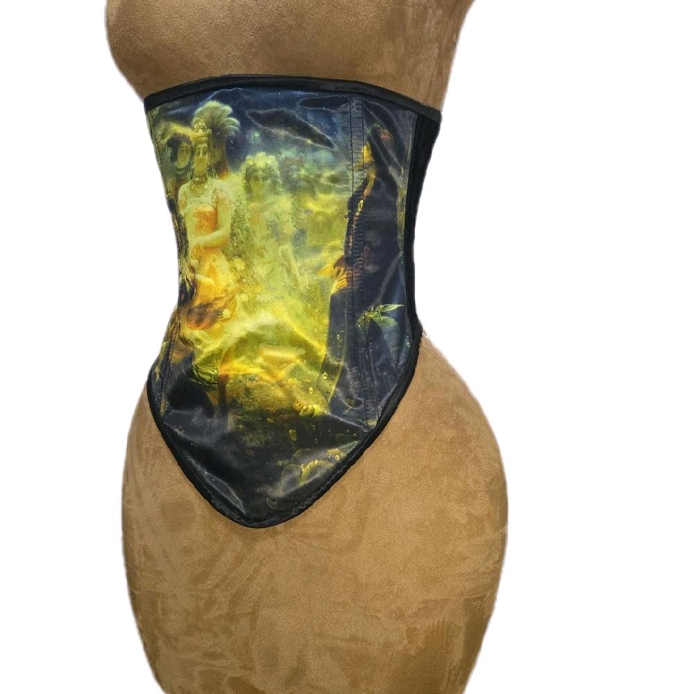 26-Inch Waist Goal | 15" Front Length | Side Zipper | Black Velvet & Satin | Victorian Full Image| Mermaid Print Corset