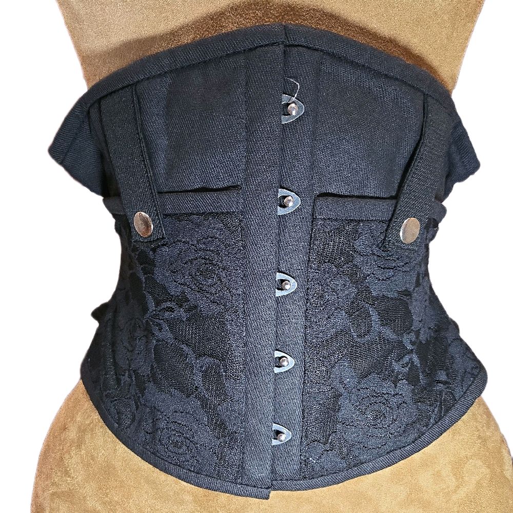 Black Cotton Corset with Concealed Carry Pockets – 26” Waist Goal, 10” Length, Rose Lace Overlay