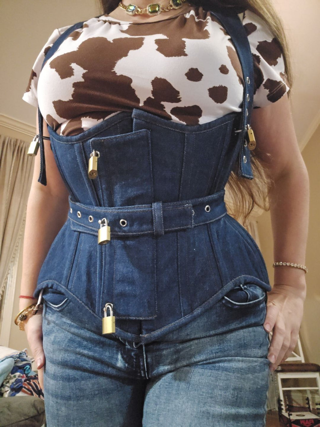 Denim Lockable Waist Training Corset Harness – Crisscross Back Edition