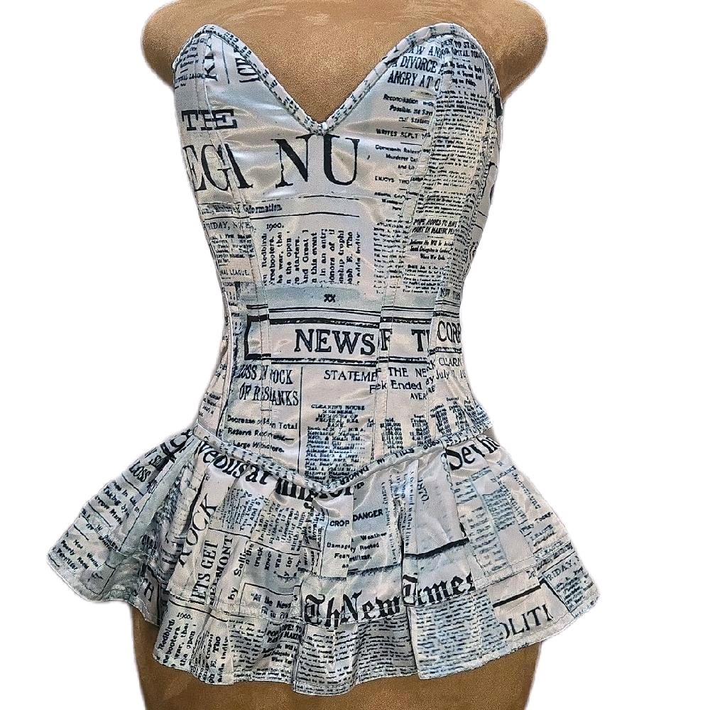 24-Inch Waist Goal | 12" Length Corset | Attached Skirt | Overbust | Newsprint Print