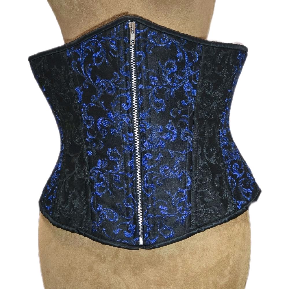 Dark Blue & Black Brocade Waist Training Corset – 38" Waist Goal, 14" Length, Zipper