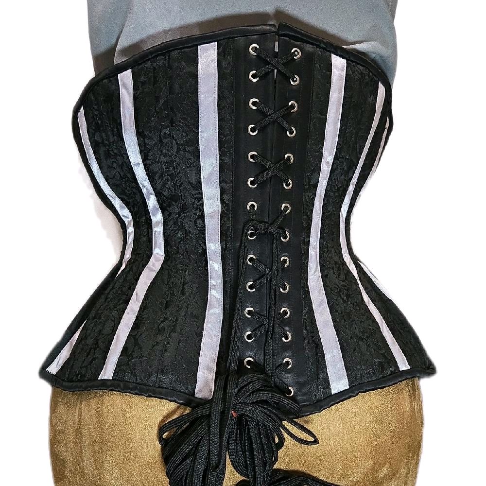 Black & White Striped Brocade Corset| Hip Ties– 32 Waist Goal, 11 Length
