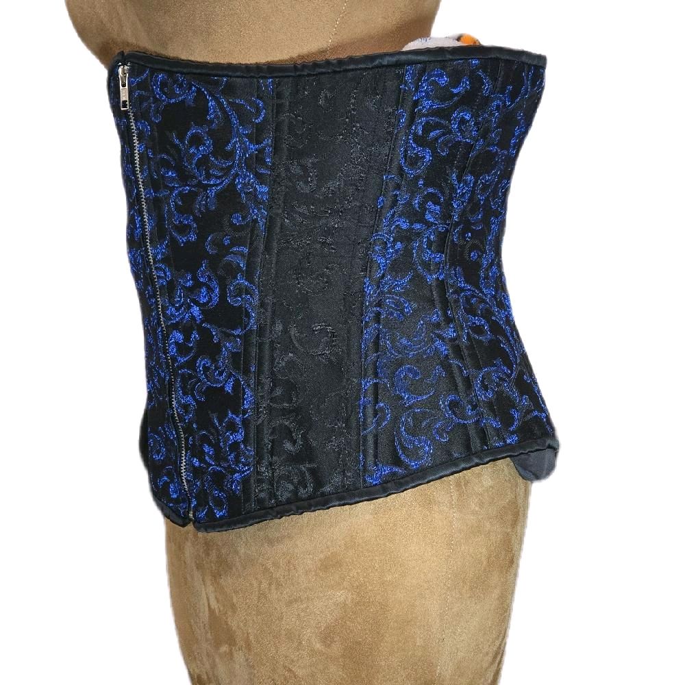 Dark Blue & Black Brocade Waist Training Corset – 38" Waist Goal, 14" Length, Zipper