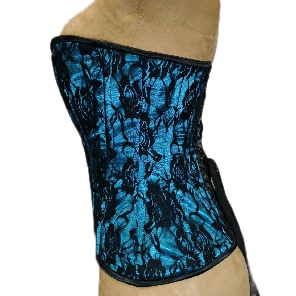 Overbust Aqua Satin & Black Rose Lace Overlay Corset – 26" Waist Training Goal  Womenswear Shapewear Tops