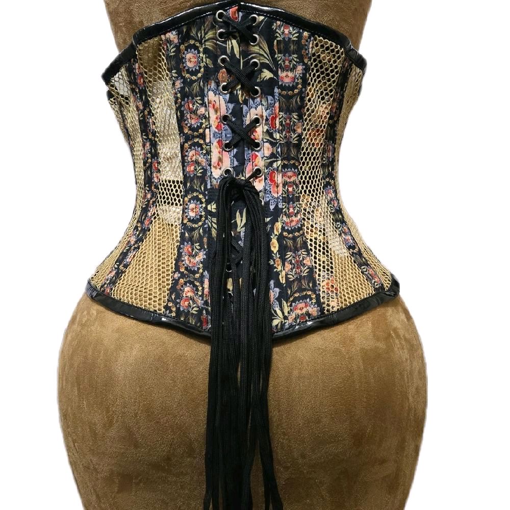 Floral & Khaki Mesh Corset – 26" Waist Goal, 12.5" Length|