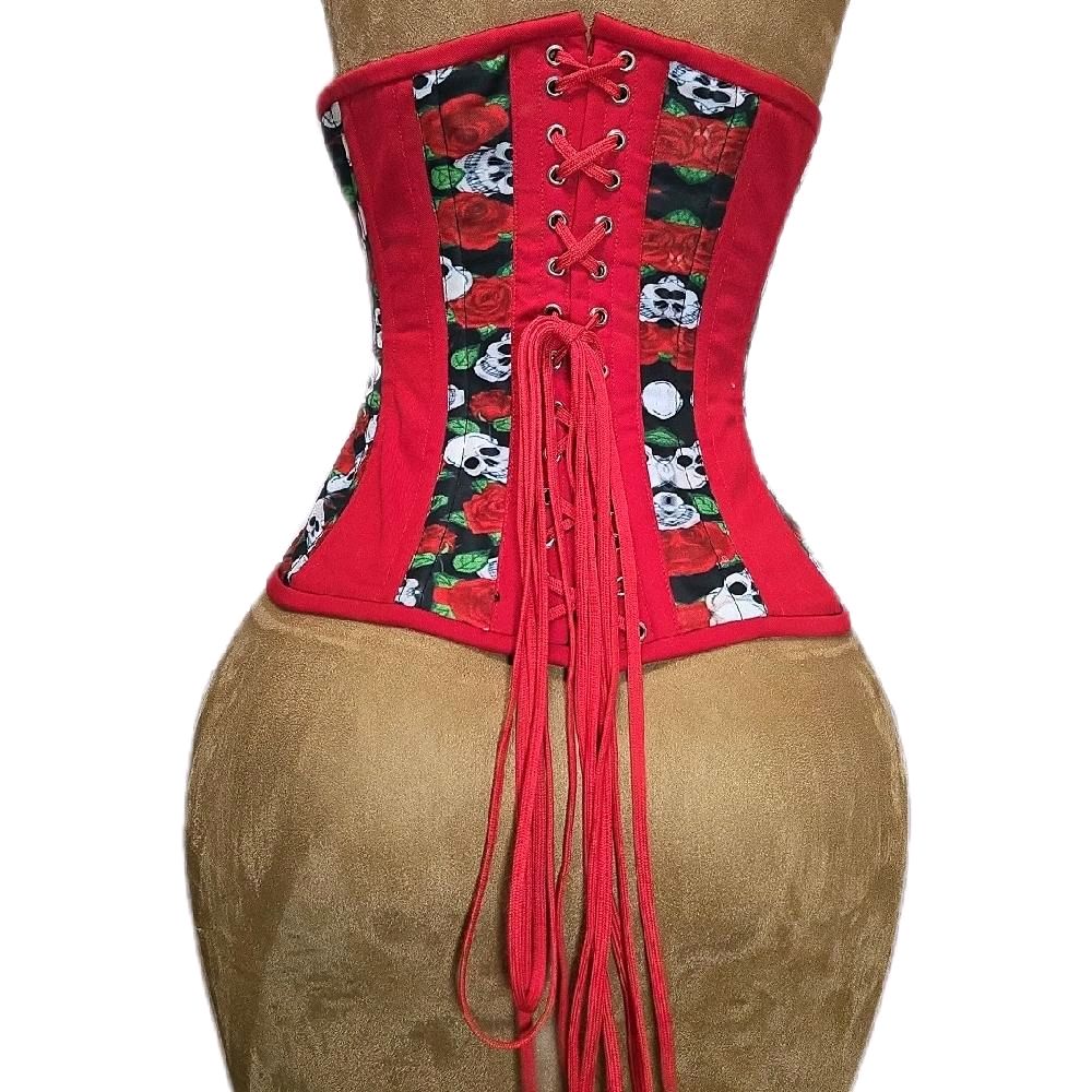 Red Cotton & Skulls Waist Training Corset – Gothic Waist Cincher, 26 waist goal, 13 Length waist cincher