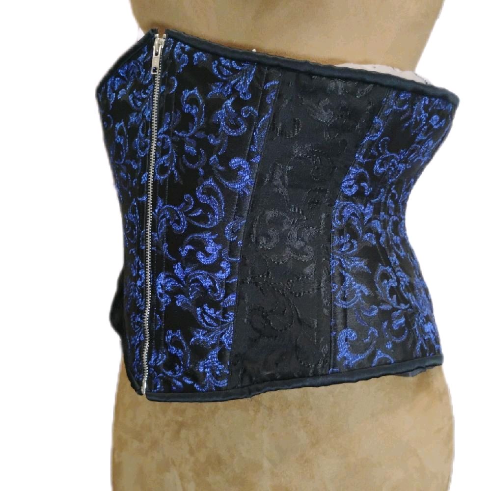Blue & Black Brocade Steel-Boned Waist Training Corset – 38" Waist Goal | 13" Length | Zipper Front
