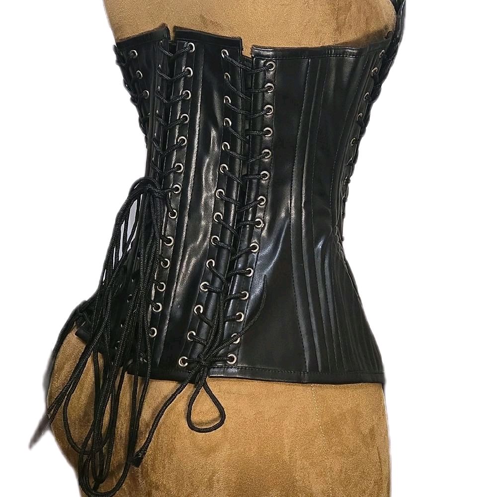 28-Inch Waist Goal | 15.5–16" Length | Leather Overbust Halter Vest | Adjustable Front & Back Ties