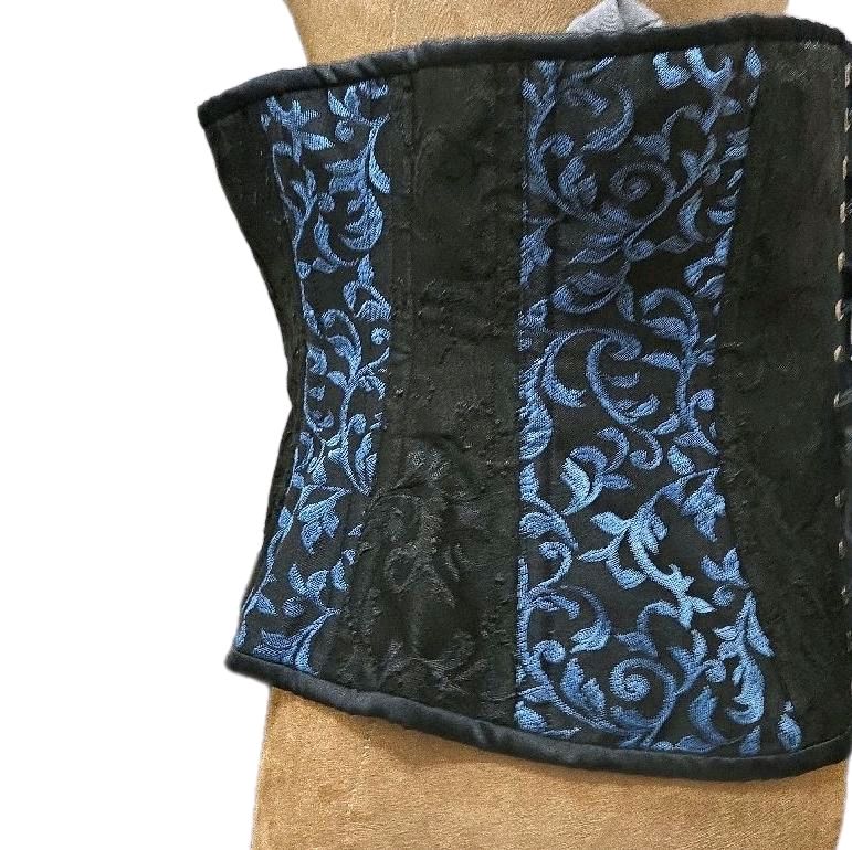 Light Blue & Black Brocade Zipper Corset – 36” Waist Goal, 13” Length |