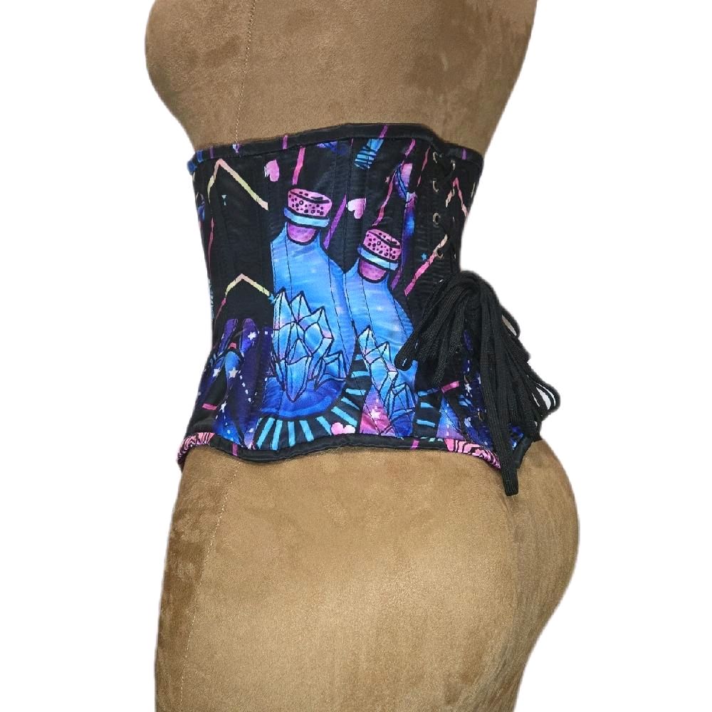 Mystical Galaxy Crystal Print Corset – 26-Inch Waist Goal, 12-Inch Length, Middle Zipper