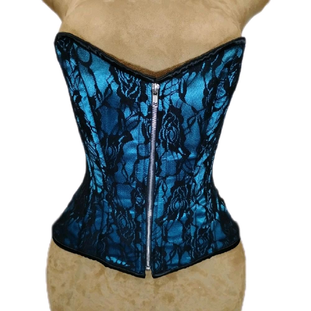 Overbust Aqua Satin & Black Rose Lace Overlay Corset – 26" Waist Training Goal  Womenswear Shapewear Tops