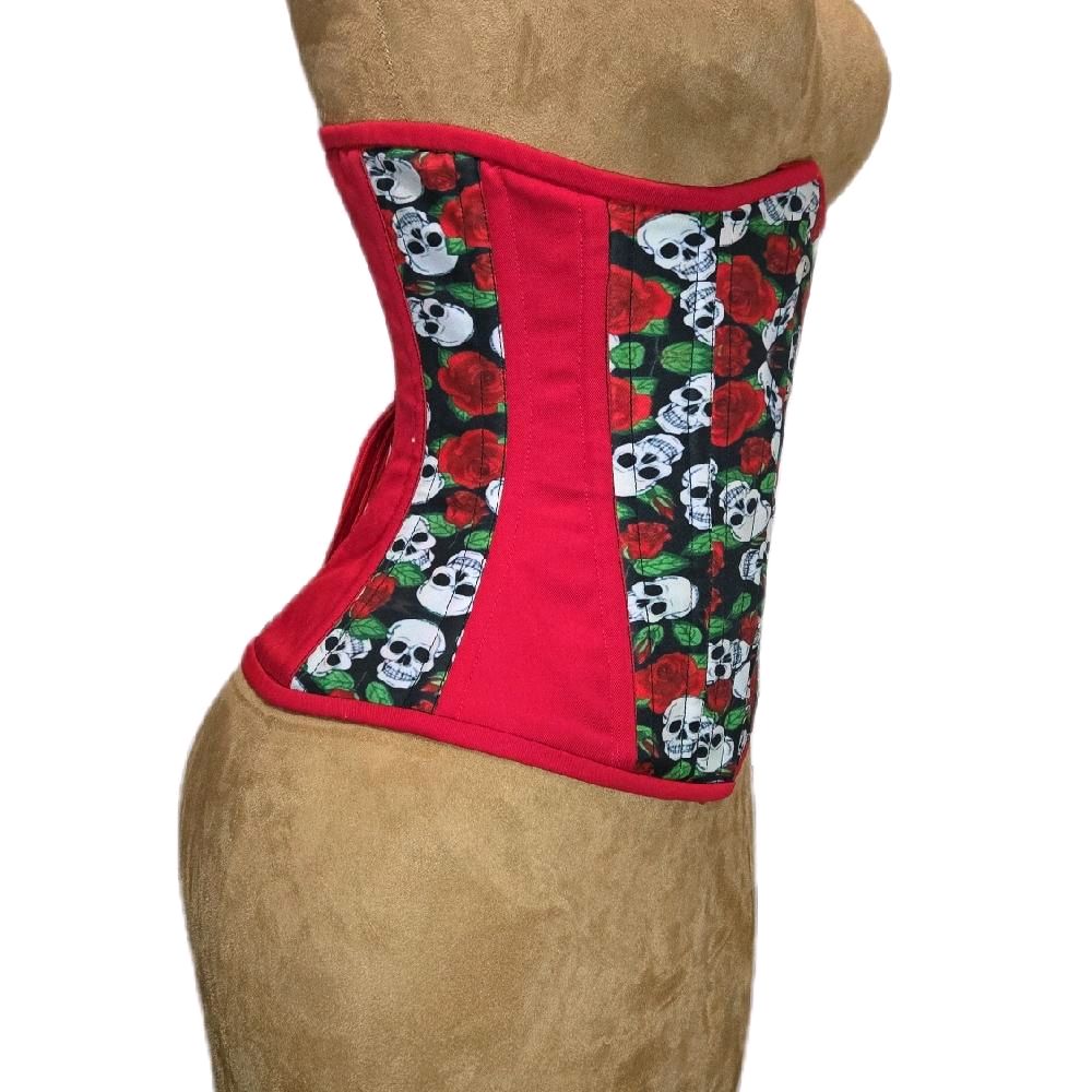 Red Cotton & Skulls Waist Training Corset – Gothic Waist Cincher, 26 waist goal, 13 Length waist cincher