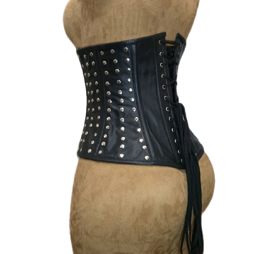 Genuine Black Leather Studded Corset – 26” Waist Goal, 13” Length, Underbust
