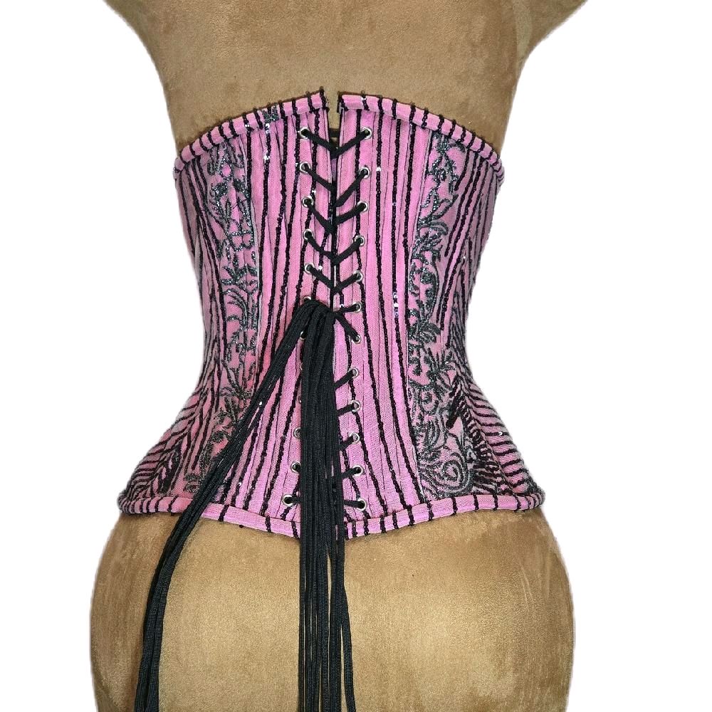 Pink with Black Sparkling Beading Corset | 26" Waist Goal | 12" Length | Formal Wear