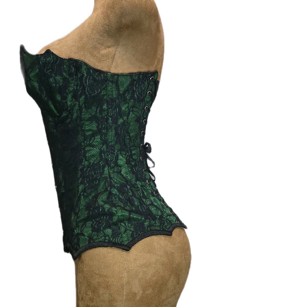 Overbust Mermaid Collection Corset – 20-Inch Waist Goal | 16” Center Length | Green Satin with Black Rose Lace Overlay