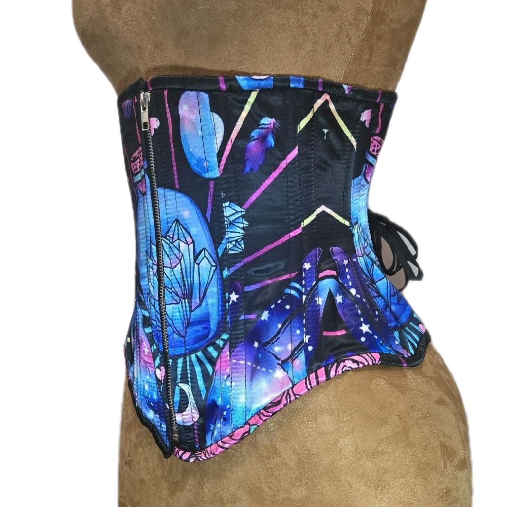 Mystical Galaxy Crystal Print Corset – 26-Inch Waist Goal, 12-Inch Length, Middle Zipper