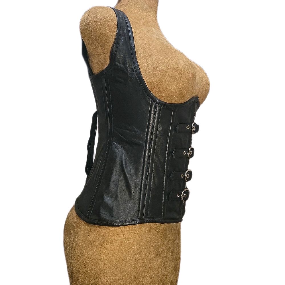32-Inch Waist Goal | 12.5" Length | Black Leather Underbust Vest Corset | Adjustable Straps & Buckles