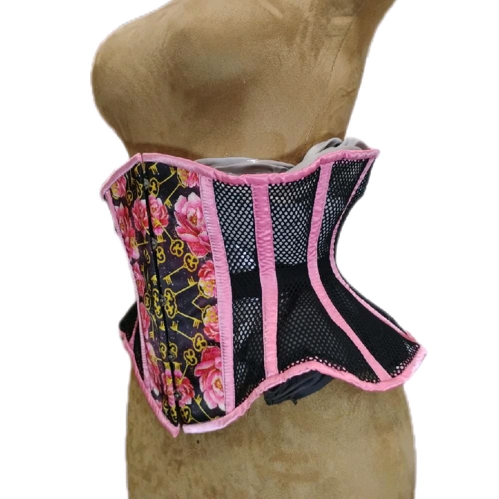 Pink Satin & Black Mesh Floral Roses Keys Corset – 30" Waist Goal | 12" Length |