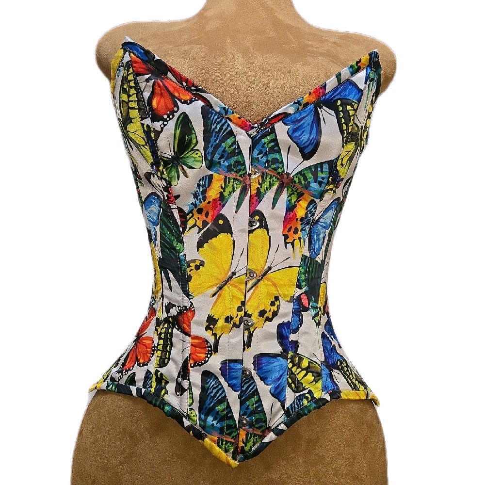 24” waist goal | 14.5” length | Overbust White + Multi Color Butterfly| Butterflies