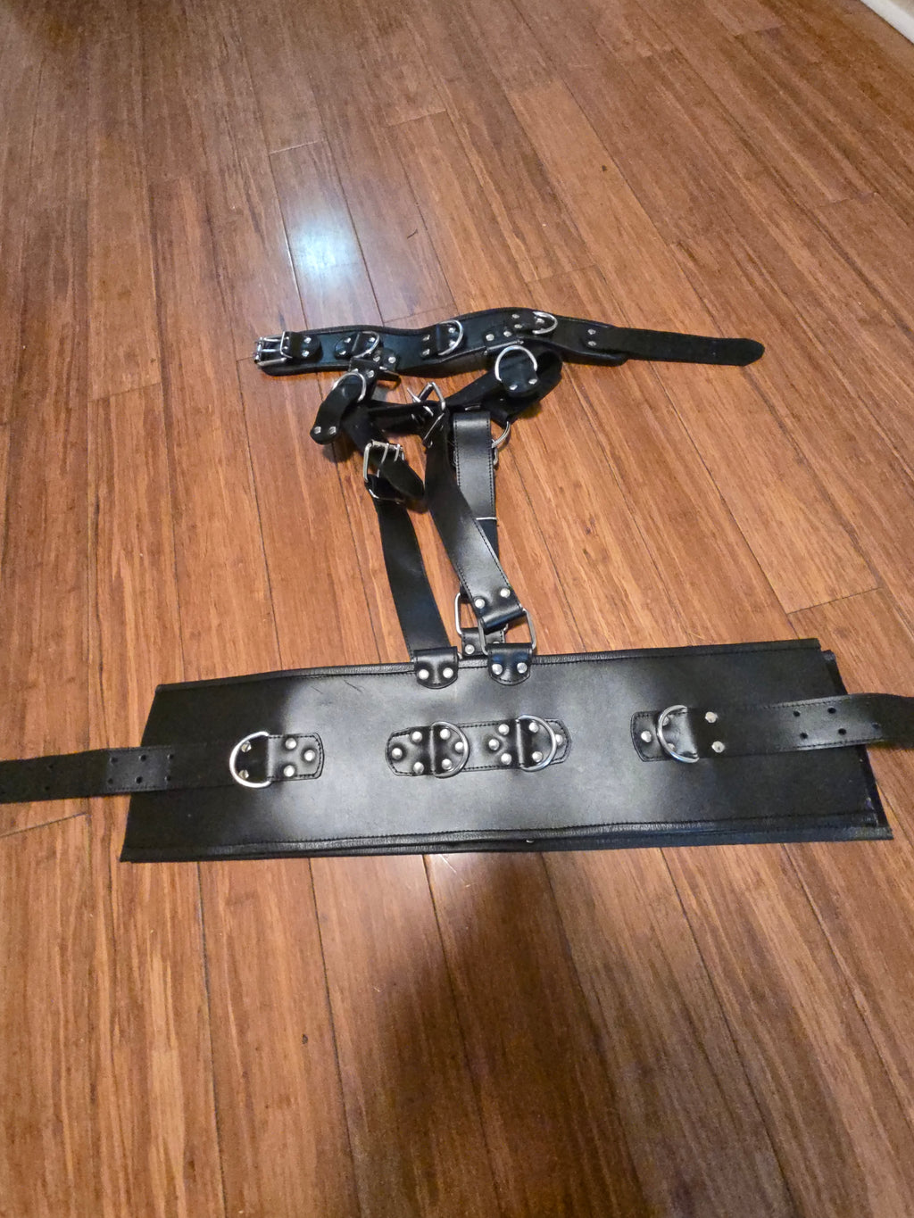 Genuine Leather Belted Harness with Attached Collar – D-Ring Design- plus size- ready to ship