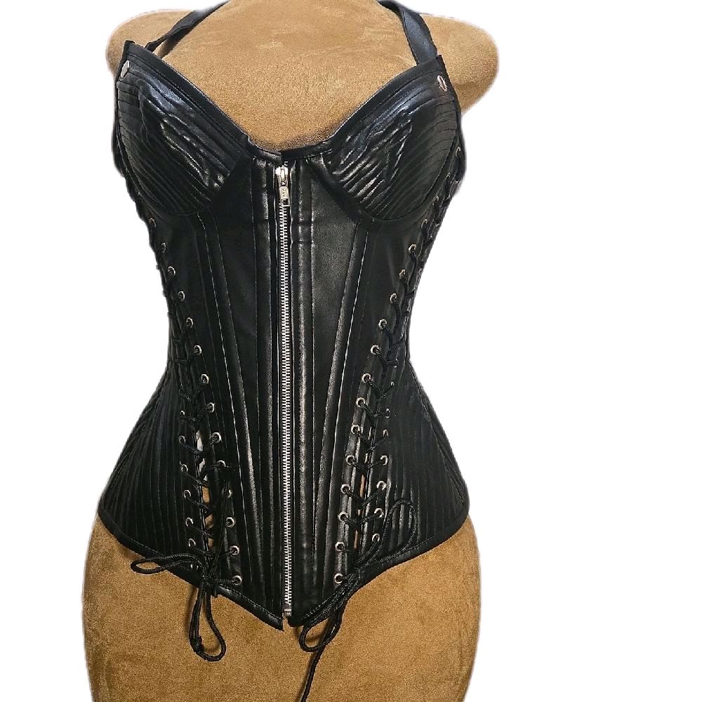 28-Inch Waist Goal | 15.5–16" Length | Leather Overbust Halter Vest | Adjustable Front & Back Ties