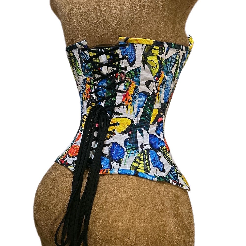 24” waist goal | 14.5” length | Overbust White + Multi Color Butterfly| Butterflies