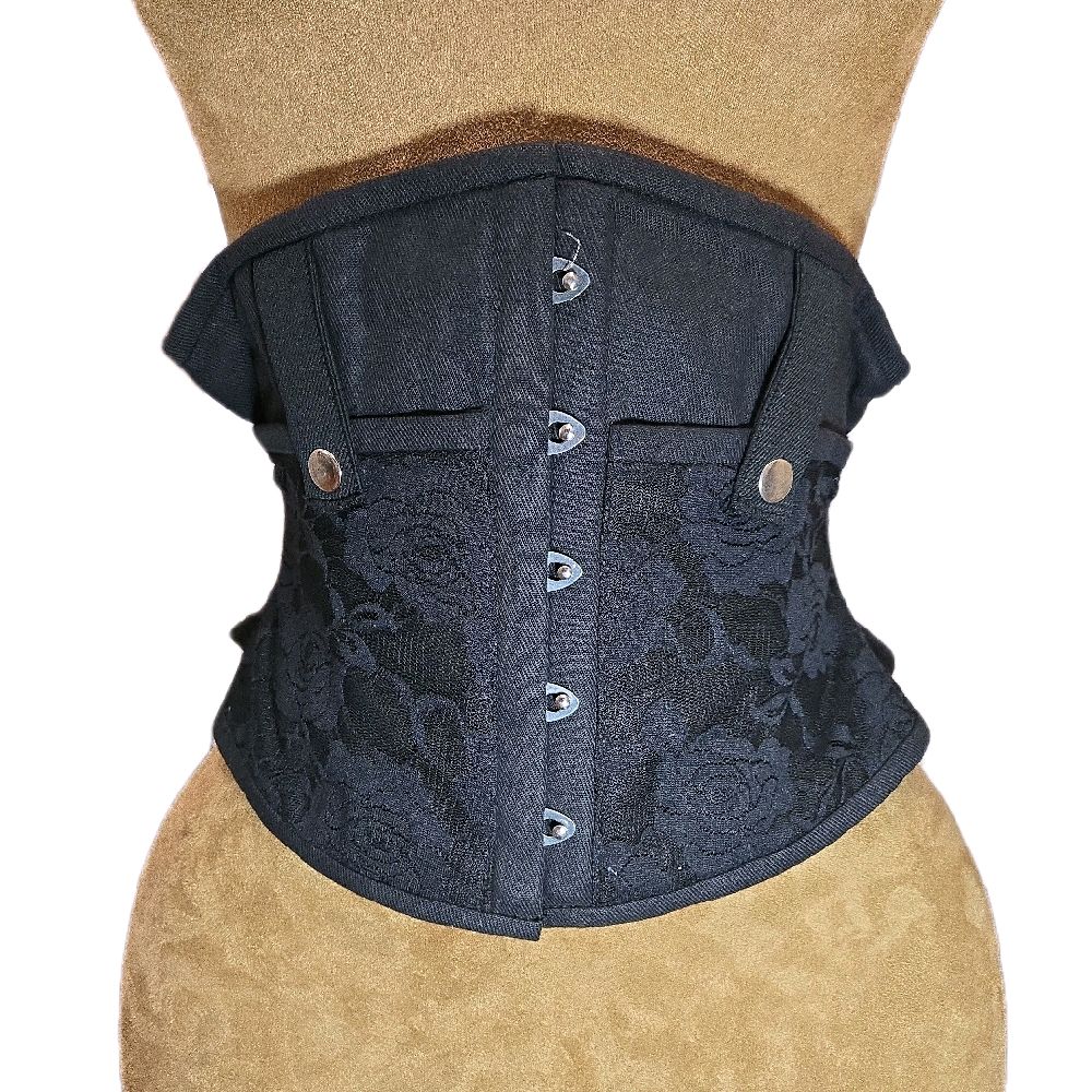 Black Cotton Corset with Concealed Carry Pockets – 26” Waist Goal, 10” Length, Rose Lace Overlay