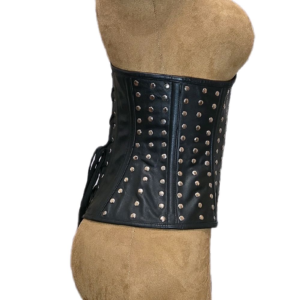 Genuine Black Leather Studded Corset – 26” Waist Goal, 13” Length, Underbust