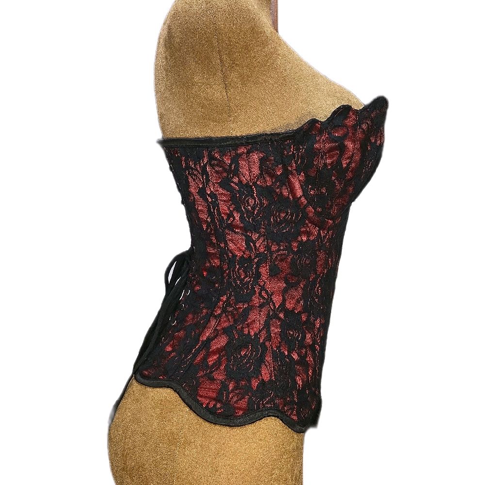 Red Satin Overbust Corset w/ Black Rose Mesh| 24" Waist Goal • 16" Length|Mermaid Collection