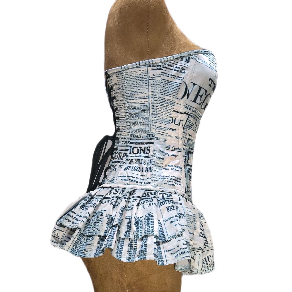 24-Inch Waist Goal | 12" Length Corset | Attached Skirt | Overbust | Newsprint Print