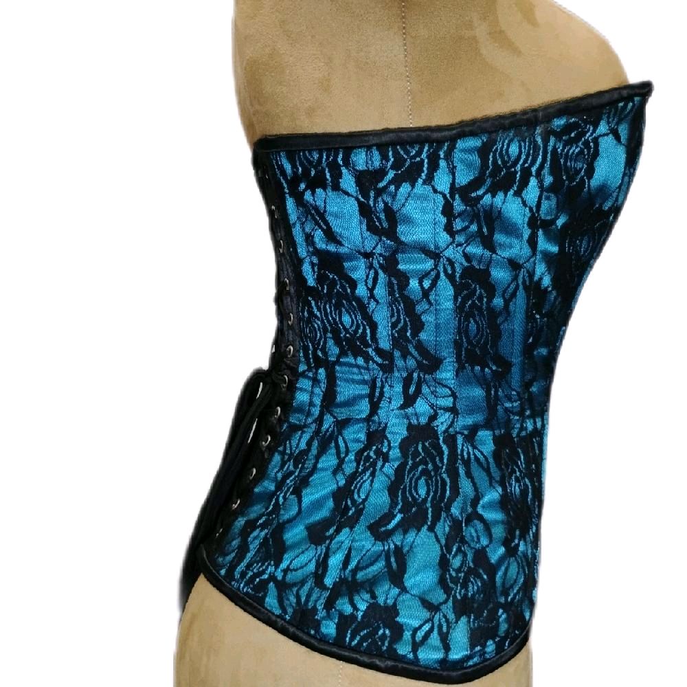 Overbust Aqua Satin & Black Rose Lace Overlay Corset – 26" Waist Training Goal  Womenswear Shapewear Tops