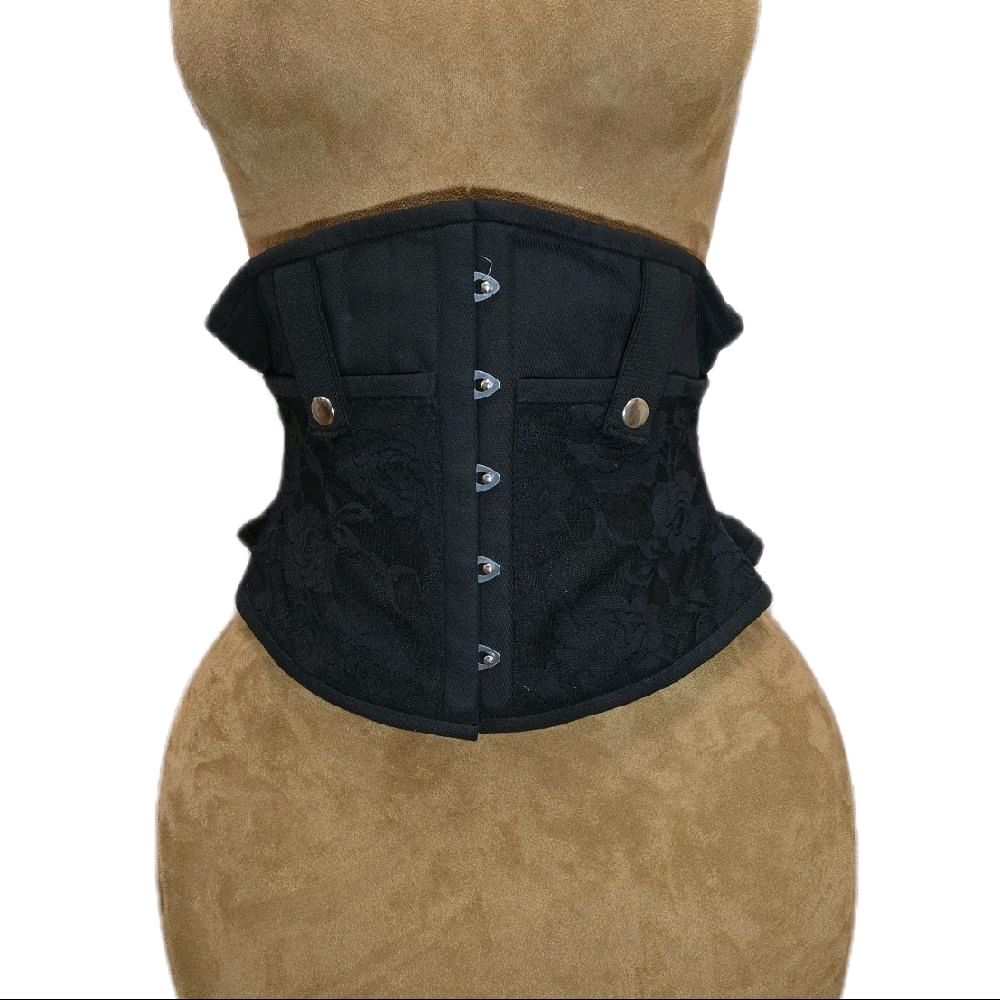 Black Cotton Corset with Concealed Carry Pockets – 26” Waist Goal, 10” Length, Rose Lace Overlay