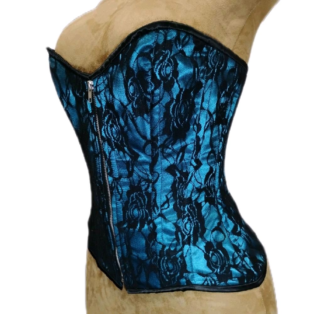 Overbust Aqua Satin & Black Rose Lace Overlay Corset – 26" Waist Training Goal  Womenswear Shapewear Tops
