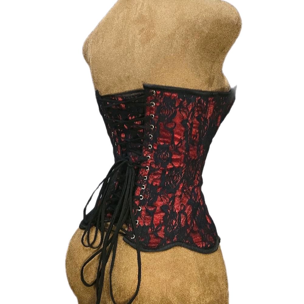 Red Satin Overbust Corset w/ Black Rose Mesh| 24" Waist Goal • 16" Length|Mermaid Collection