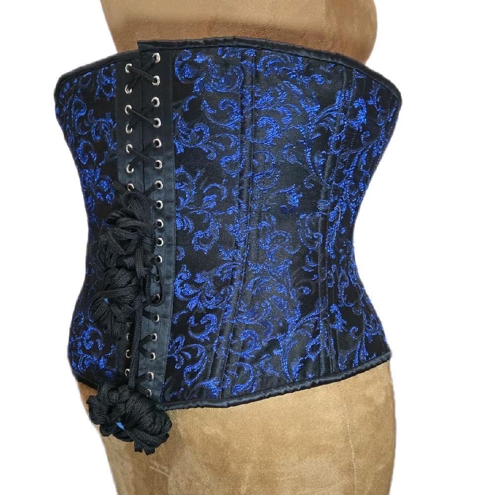 Dark Blue & Black Brocade Waist Training Corset – 38" Waist Goal, 14" Length, Zipper