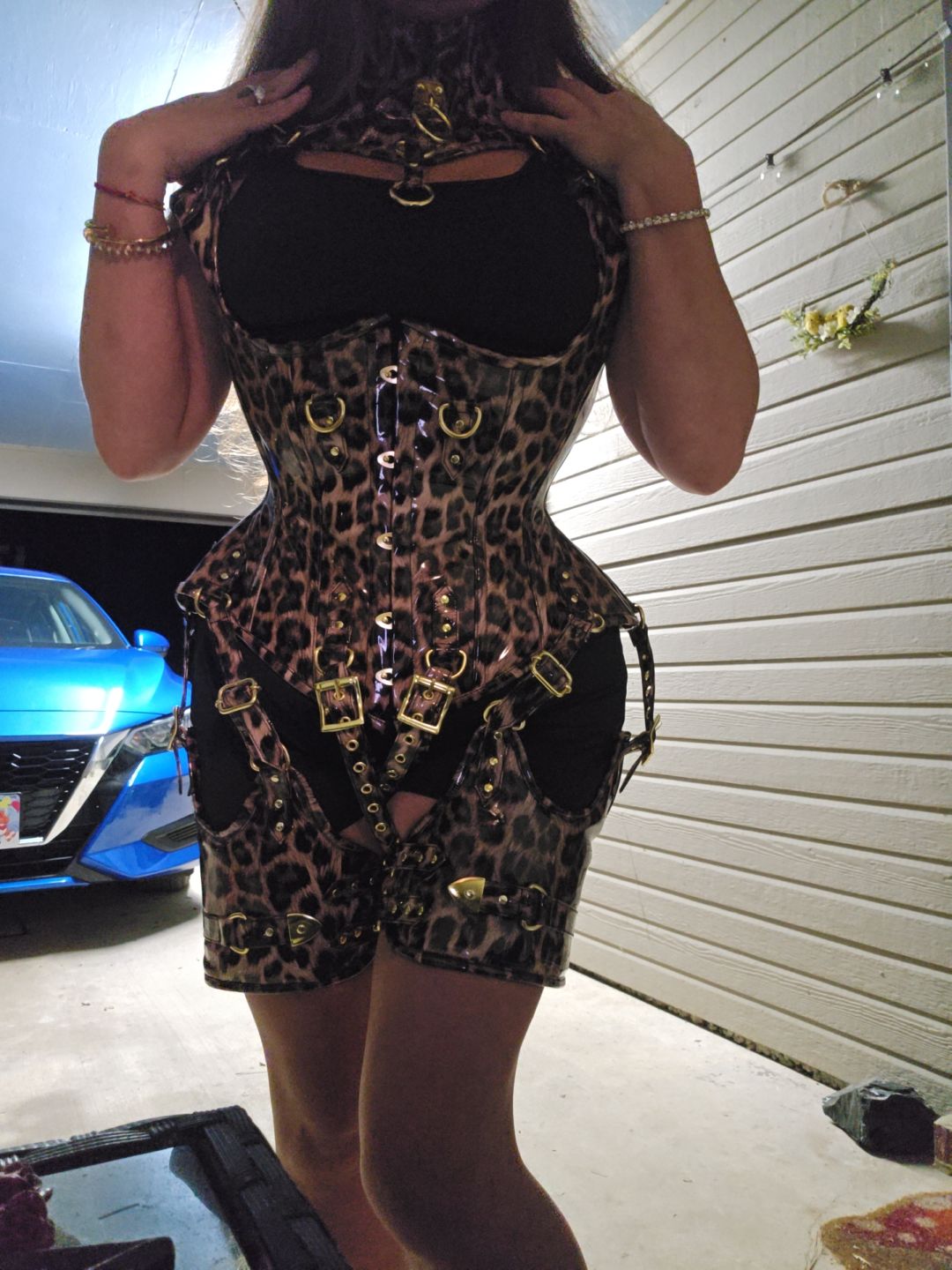 Luxury Leopard Print PVC Corset with Gold Hardware, Posture Collar & Garter Leg Straps