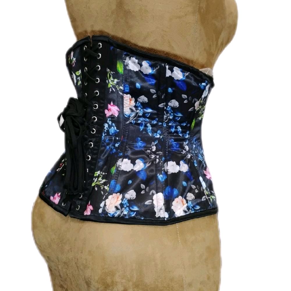Black Floral Steel-Boned Waist Training Corset – 30” Waist Goal | 12” Length
