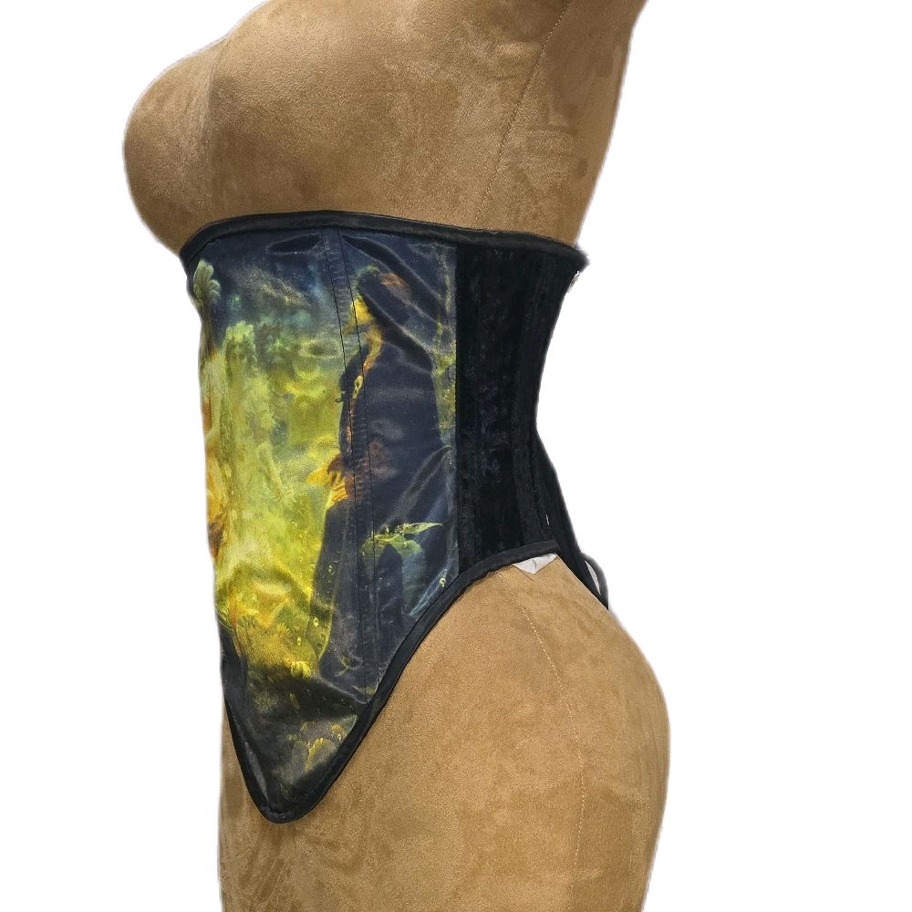 26-Inch Waist Goal | 15" Front Length | Side Zipper | Black Velvet & Satin | Victorian Full Image| Mermaid Print Corset