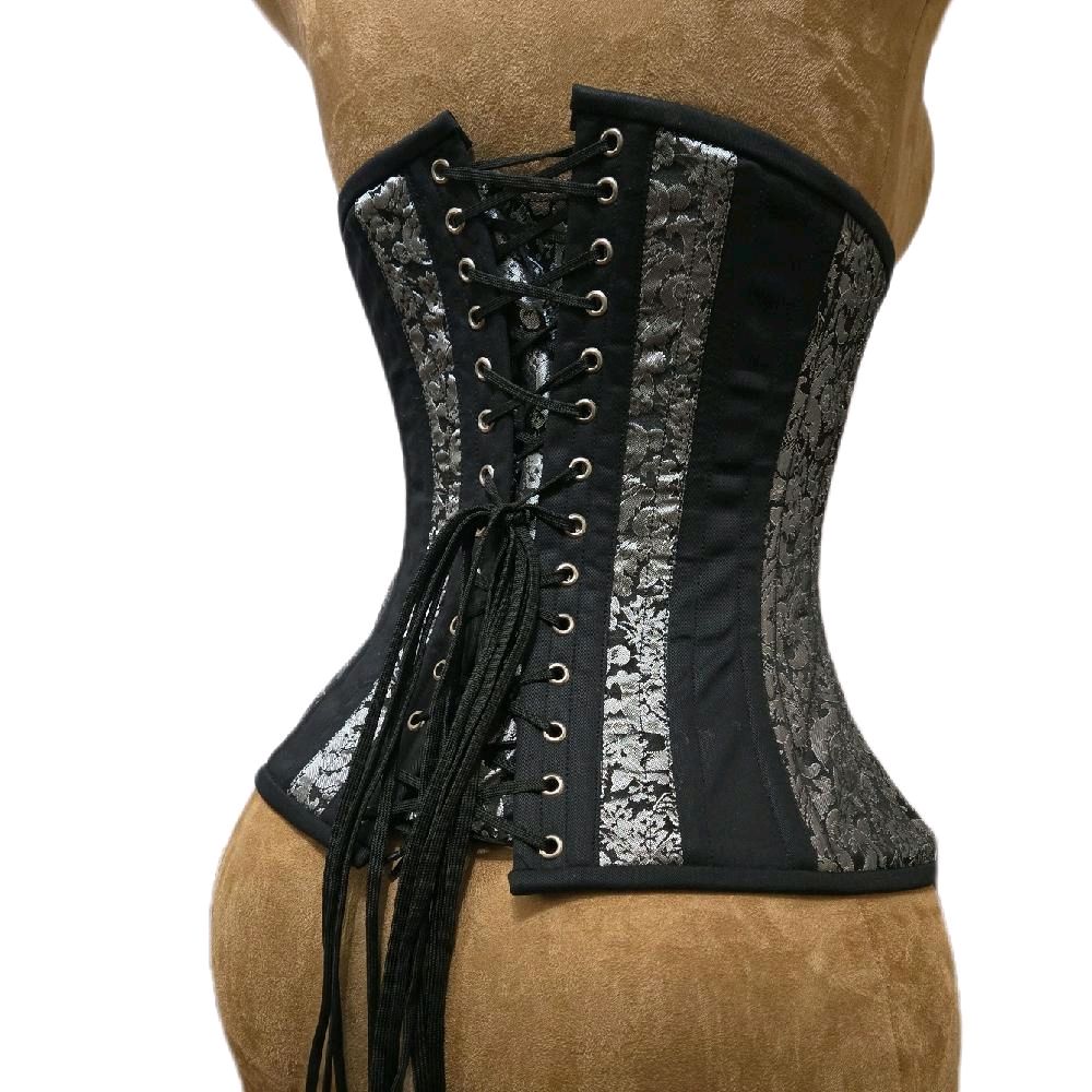 Silver & Black Brocade Corset – 26-Inch Waist Goal | 13-Inch Length