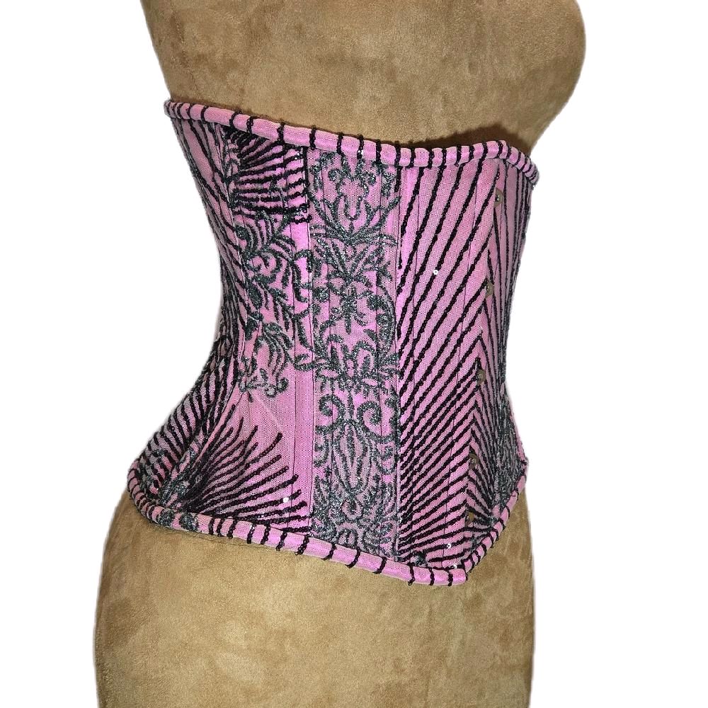 Pink with Black Sparkling Beading Corset | 26" Waist Goal | 12" Length | Formal Wear